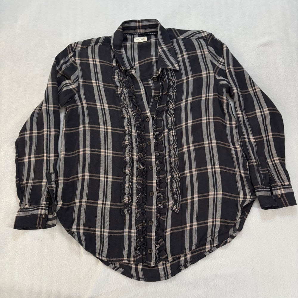 Pilcro and the Letterpress Plaid Ruffle Button Down Shirt Black Wool Blend XS